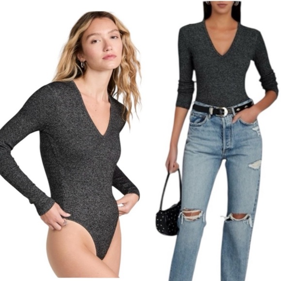 AGOLDE Tavi Mélange Rib Knit Thong Bodysuit in Salt & Pepper Size 10 or L - Picture 1 of 12